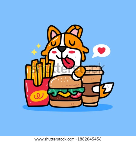 Shiba inu dog in front of fast food doodle hand drawing style. animal doodle