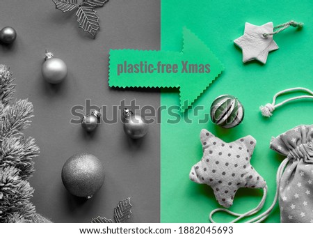 Plastic-free Xmas concept. Transition, change from plastic toys to sustainable Christmas decorations from natural materials, textile, dry fruit, ceramic, cord. Flat lay on layered grey green paper.