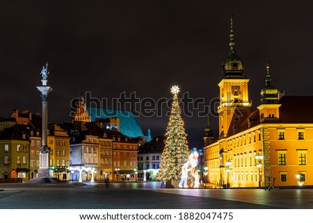 Christmas tree in the Castle Square in Old Town part of Warsaw, Poland.