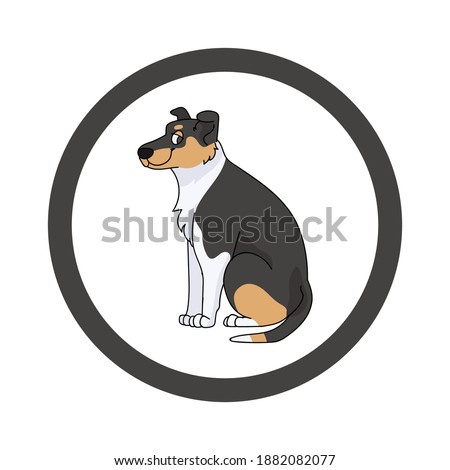 Cute cartoon Smooth Collie in dotty circle dog vector clipart. Pedigree kennel doggie breed for kennel club. Purebred domestic dog training for pet parlor. Illustration mascot. Isolated canine. 