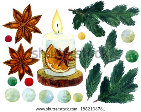 Watercolor elements. Branches of the Christmas tree. Anise and a Candle. Decor for the New year. Christmas.