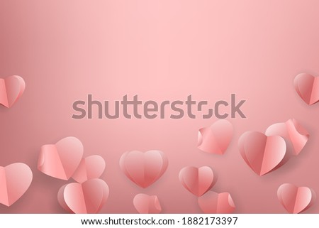 Background for the holiday Valentine's Day. Cute romantic arrangement of rumpled pink hearts. Banner poster in paper style. Realistic vector illustration.