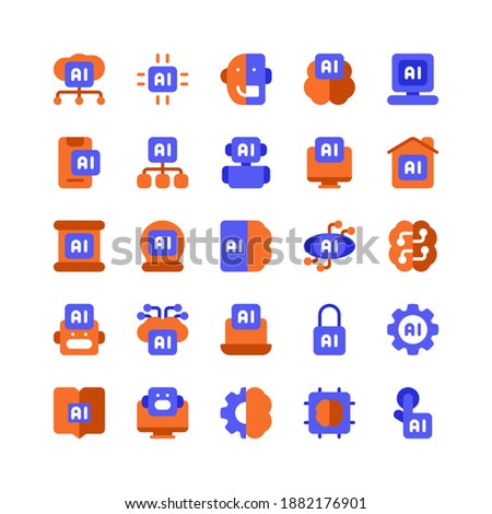 Set of Artificial Intelligence AI Robotic Algorithm flat style icon and illustration - vector
