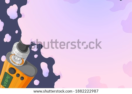Vape mod with Rebuildable Dripping Tank Atomizer and cloud of vapor. Background with E-cigarette art and place for text. Vector illustration in cartoons style. Horizontal banner with trendy vaping art