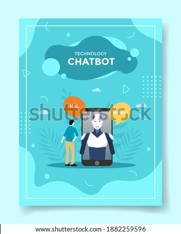 chatbot concept men front smartphone robot in screen display speak talk conversation for template of banners, flyer, books cover, magazines with liquid shape style