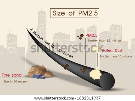 Closeup and example human hair compare with size of pollen, fine sand and PM2.5 on landscape city view background. Poster of infographic about PM2.5 toxic dust in vector design. Royalty-Free Stock Photo #1882311937