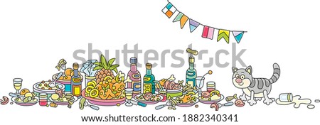 After a joyous celebration, a funny fat cat in good mood walking on a festive table among various drinks and tasty food, vector cartoon illustration isolated on a white background