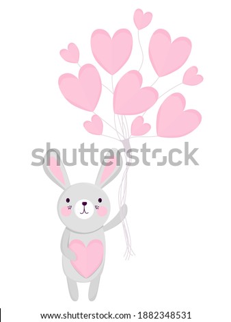 Cute scandinavian hand drawn bunny rabbit holding heart shaped pink balloons. Simple flat style vector illustration for Valentines day, Easter. Clip art romantic childish animal character.