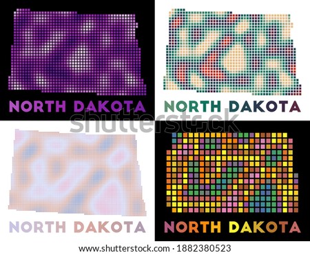 North Dakota map. Collection of map of North Dakota in dotted style. Borders of the us state filled with rectangles for your design. Vector illustration.