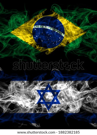 Brazil, Brazilian vs Israel, Israeli smoky mystic flags placed side by side. Thick colored silky abstract smoke flags.