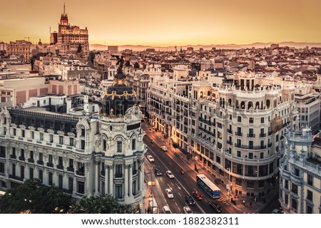 Panoramic aerial view of Gran Via, main shopping street in Madrid, capital of Spain, Europe. Royalty-Free Stock Photo #1882382311