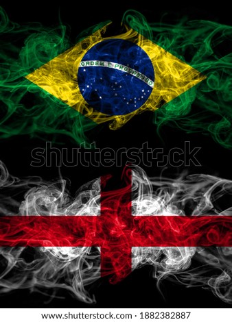Brazil, Brazilian vs England, English smoky mystic flags placed side by side. Thick colored silky abstract smoke flags.
