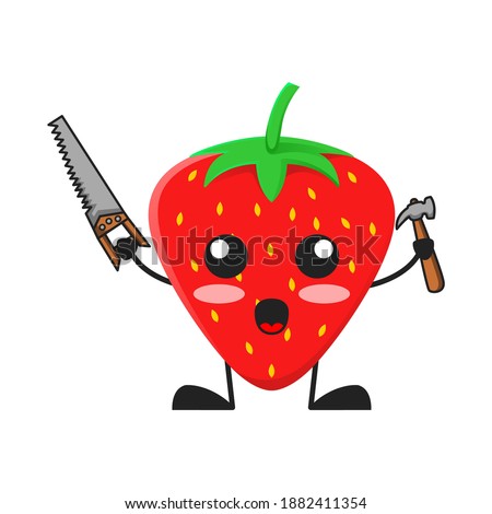 vector illustration of cute strawberry fruit service or character holding saw hammer. cute strawberry fruit Concept White Isolated. Flat Cartoon Style Suitable for Landing Page, Banner, Sticker.