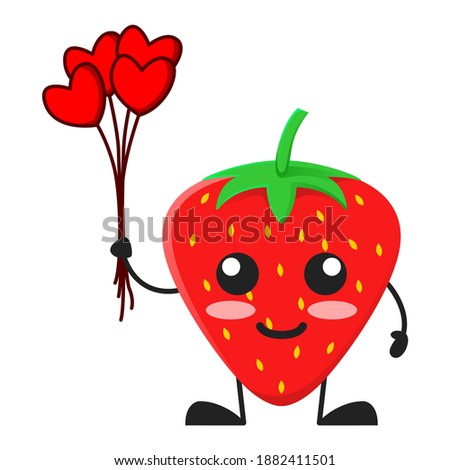 vector illustration of cute strawberry fruit valentine or character holding love balloon. cute strawberry fruit Concept White Isolated. Flat Cartoon Style Suitable for Landing Page, Banner, Sticker.