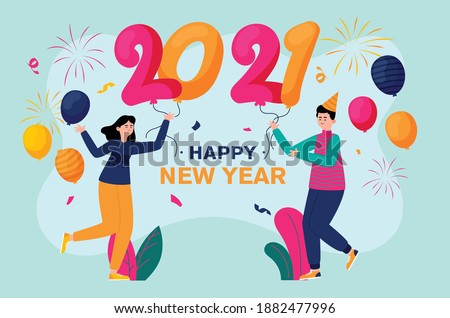 Happy New Year 2021 Greeting design-colorful modern creative design concept-Burst, Glitter, fireworks-cartoon, character