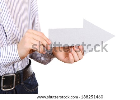 Person hold White Arrow shape Isolated on the White Background
