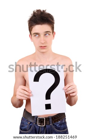 Confused Teenager holding a Paper with Question Mark on the White Background