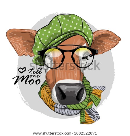 Vector dressed cow with glasses, scarf and hat. Print on T-shirts, bags and other fashion products. Design children's clothing and accessories. 