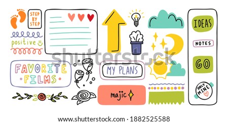 Diary cute note elements. Hand drawn doodles bullet journal banners