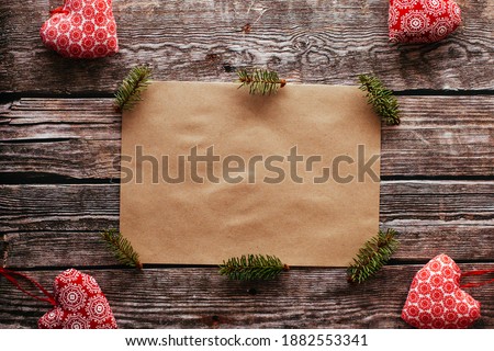 Christmas background. Christmas tree and other decorations. Top view. Winter or New Year concept. Wooden background