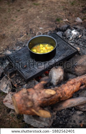 Potato stew on a camping fire soup sharp focus delicious meal van life hipster vacation concept
