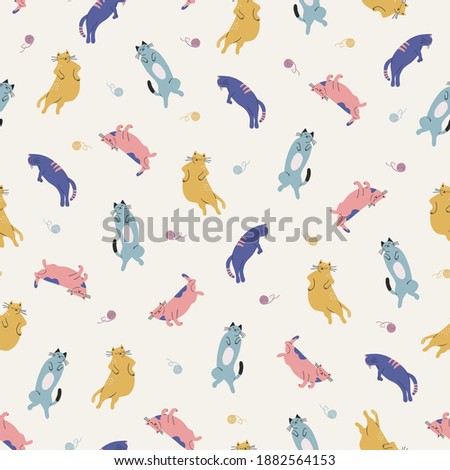 Vector hand-drawn retro cats with a skein illustration motif seamless repeat pattern