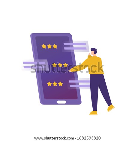 a concept of reviews, customer ratings, user feedback. illustration of a man giving stars and comments on a smartphone. the best comment. flat style. vector design elements