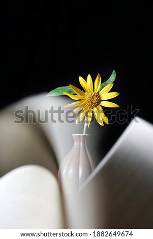 a sunflower in a vase with a sheet of paper foreground