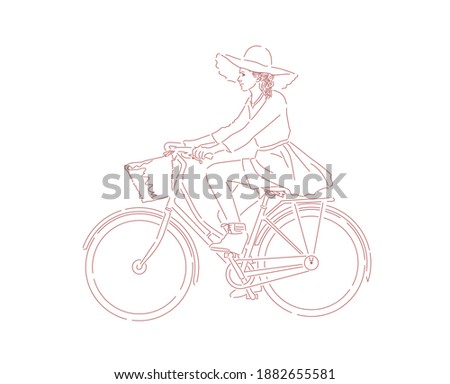 Young beauty girls ride bicycle retro vectors illustration. line art style with light brown line, cute and fun