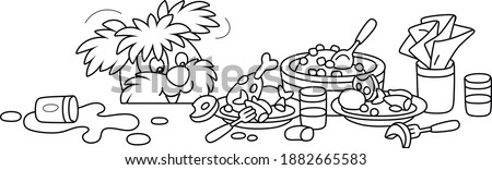 Merry and naughty shaggy dog in good mood going to dine and looking out from under a kitchen table with plates, black and white outline vector cartoon illustration