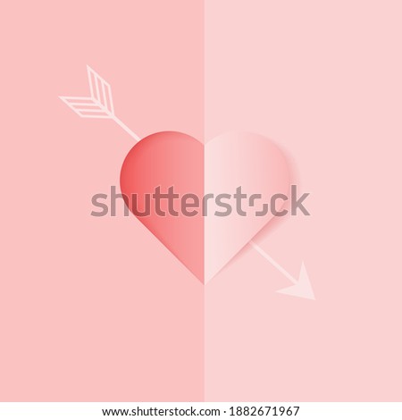 3D origami with heart and arrow background. Love concept design for valentine's day. Poster and greeting card template. Vector paper art illustration.