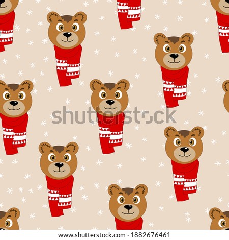 Seamless pattern with cute animal face on color background. Bear in a winter scarf. Merry Christmas and New year vector illustration for fabric, textile wallpaper, poster, gift wrapping paper.