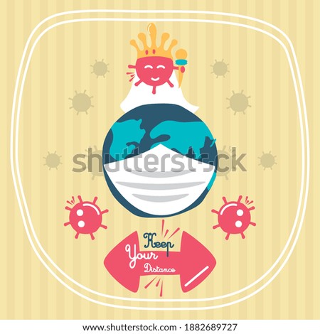 covid 19 virus sticker of keep your distance and world with mask design of 2019 ncov cov and coronavirus theme Vector illustration
