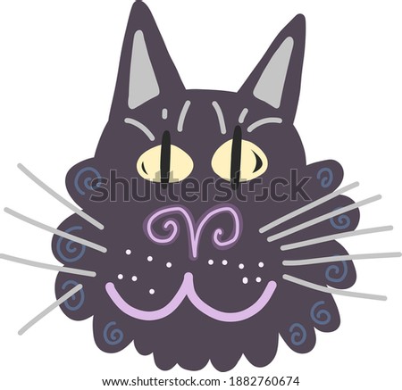 Trendy vector black cat. Hand drawn magic kitty flat style. Doodle scandinavian design of unusual cat face. Mysterious cat for stiker, print, clip art, web. Magical east pussy concept. Asian kitten.