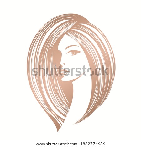 Hair salon and beauty studio illustration.Long, wavy hairstyle woman with elegant makeup.Cosmetics and spa icon isolated on light fund.Young lady portrait.Beautiful model face.Luxury,glamour style.