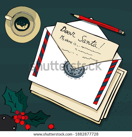 New Year postcard on dark blue background. Opened envelope with old school paper letter to Santa and red pencil. Coffee cup and bullfinch with berries. Christmas greeting card with seal. Snail mail.