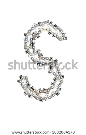 Metal chain saw pattern isolated on white background. Gray metal texture from chainsaw chains links. S-shaped chain.