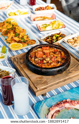Seafoods, grilled meat, meze, herbs, fish, raki, ouzo, appetizers and salads in Greek or Turkish Fish Restaurant on the table for dinner or lunch at the beach from Greece or Turkey.