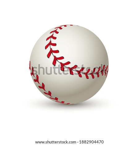Realistic baseball ball. Leather 3D white softball. Curved shot with red. Isolated professional equipment for sport active team games. Stitched smooth surface. Vector single sphere for matches