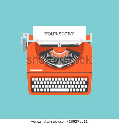 Flat design style modern vector illustration concept of a manual vintage stylish typewriter with share your story text on a paper list. Isolated on stylish color background Royalty-Free Stock Photo #188293811