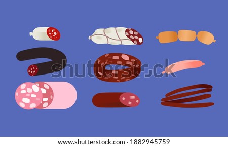 Different types of sausages. Food concept illustration, meat vector icons