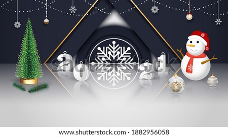 New year 2021 and Christmas Background. Drop shadow style. Hanged snowflakes and glass balls. Snowman and tree. Celebrate new year party. Bright composition. Vector illustration.