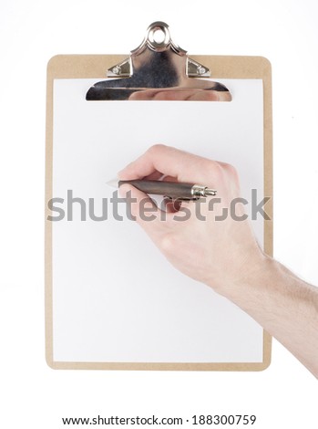 Hand drawing on an empty paper in sketch pad (clipboard) isolated on white