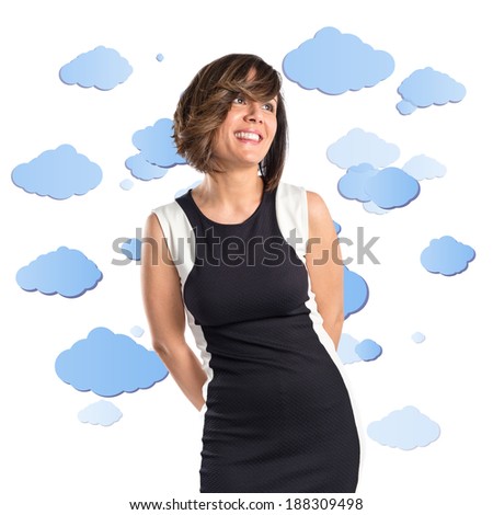 Woman in black clothes over sky background 