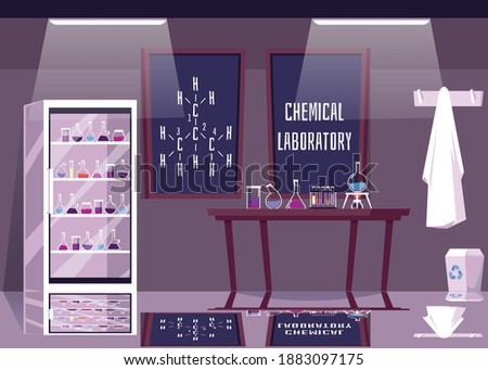 Chemical laboratory empty interior with equipment and glassware for experiments, flat cartoon vector illustration. Research science chemical lab furnishing.
