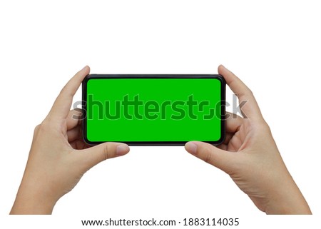 hand holding phone mobile green screen isolated on white background