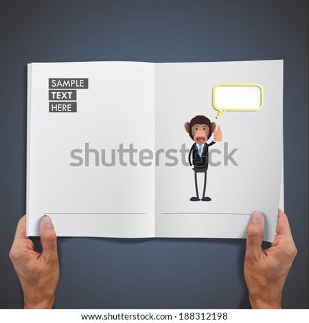 Business monkey with symbol printed on book. Vector design 