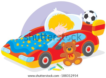 boy sleeps in his bed made as a sport car