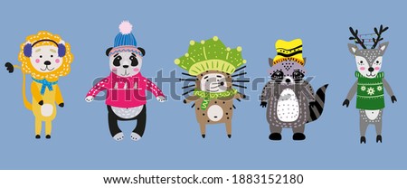 Christmas Animals set cute lion, panda, hedgehog, raccoon, deer with scarf, hat and sweater.. Hand drawn collection characters illustration vector isolated