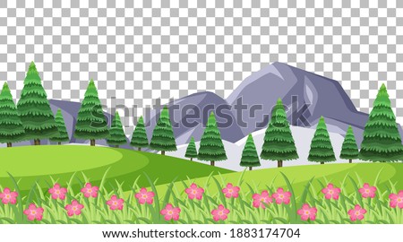 Blank nature park scene with pink flowers on transparent background illustration